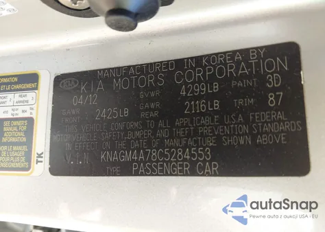 2012 Kia Optima Lx from USA, damaged, VIN KNAGM4A78C5284553